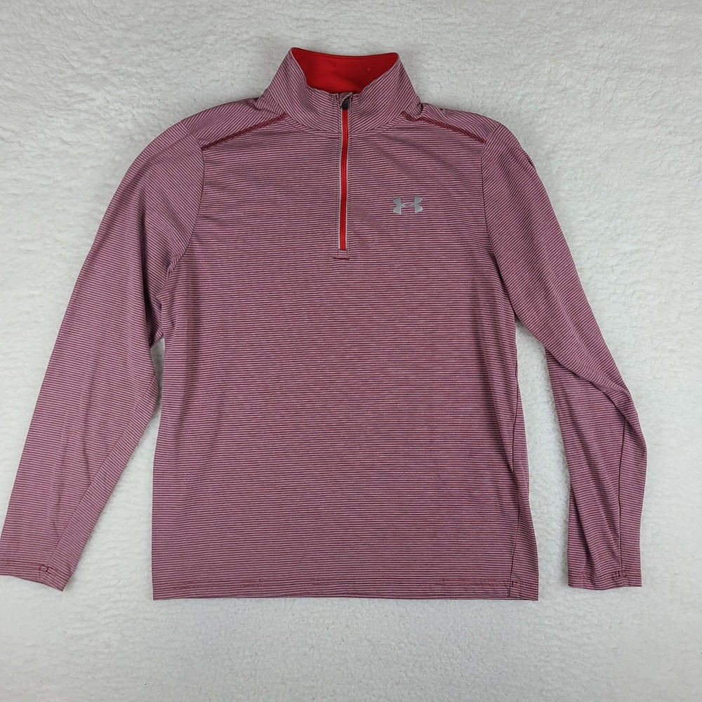 Under Armour Run Sweater Mens Medium Red White Fitted Heatgear Performance Tech